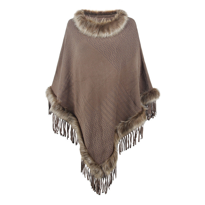 Women's Elegant Poncho with Faux Fur Collar and Fringe