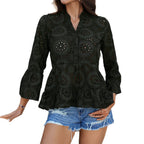 Women's Blouse with Eyelet Pattern and Flared Sleeves