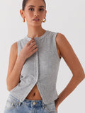 Sleeveless Ribbed Button-Down Top