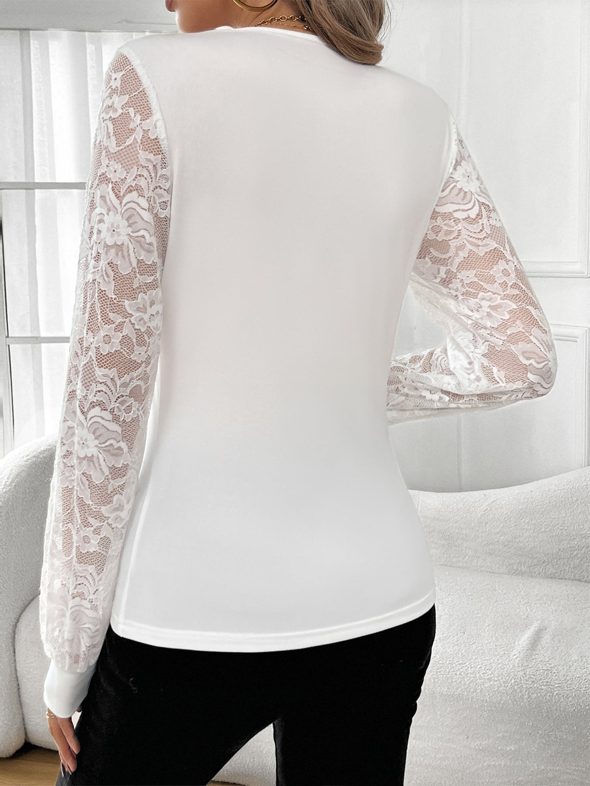Women's Elegant Long-Sleeve Shirt with Lace Sleeves and Glitter Accents