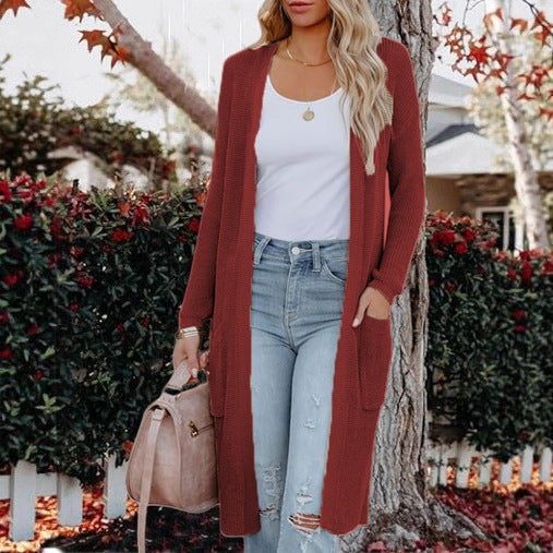 Women's Casual Open-Front Knit Coat with Pockets