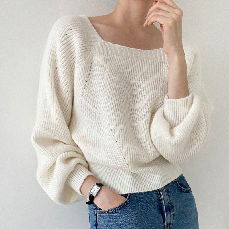 Women's Elegant Chunky Knit Sweater with Off-Shoulder and Wide Sleeves