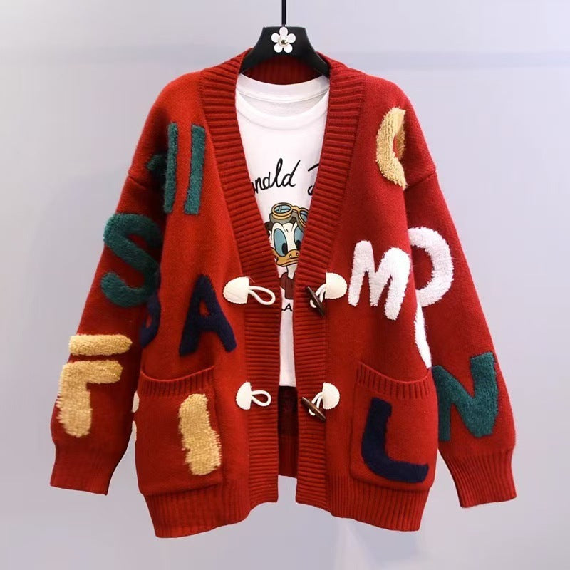 Women's Chunky Knit Cardigan with Colorful Accents and Large Pockets