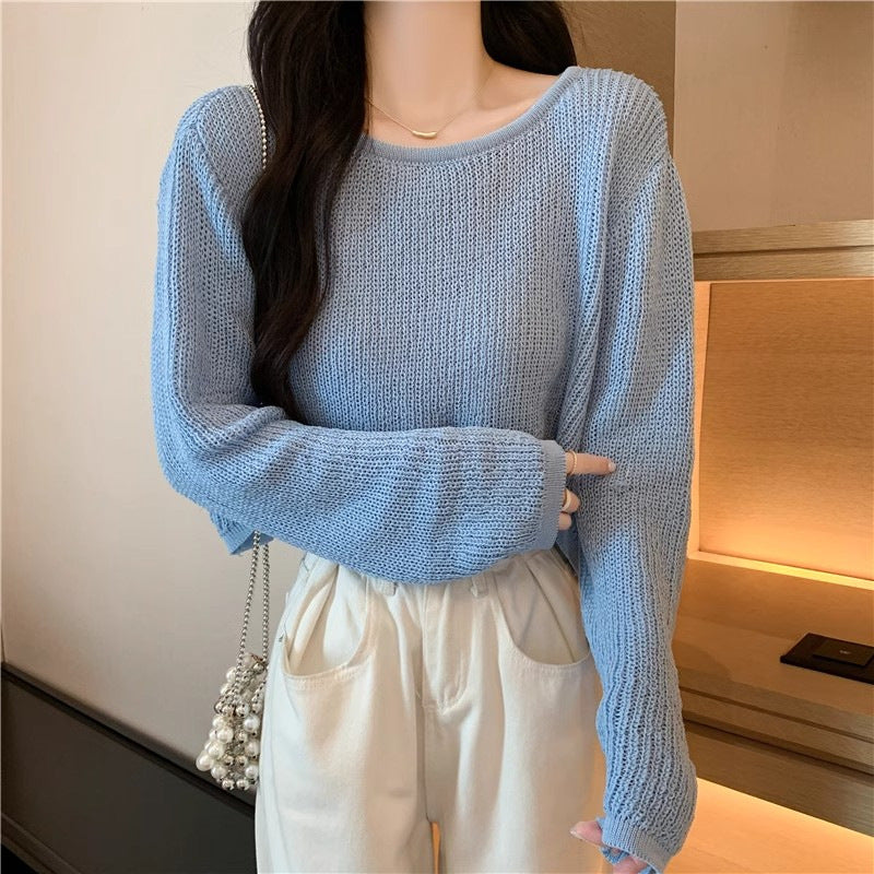 Women's Cropped Knit Sweater with Fine Texture and Relaxed Shoulders