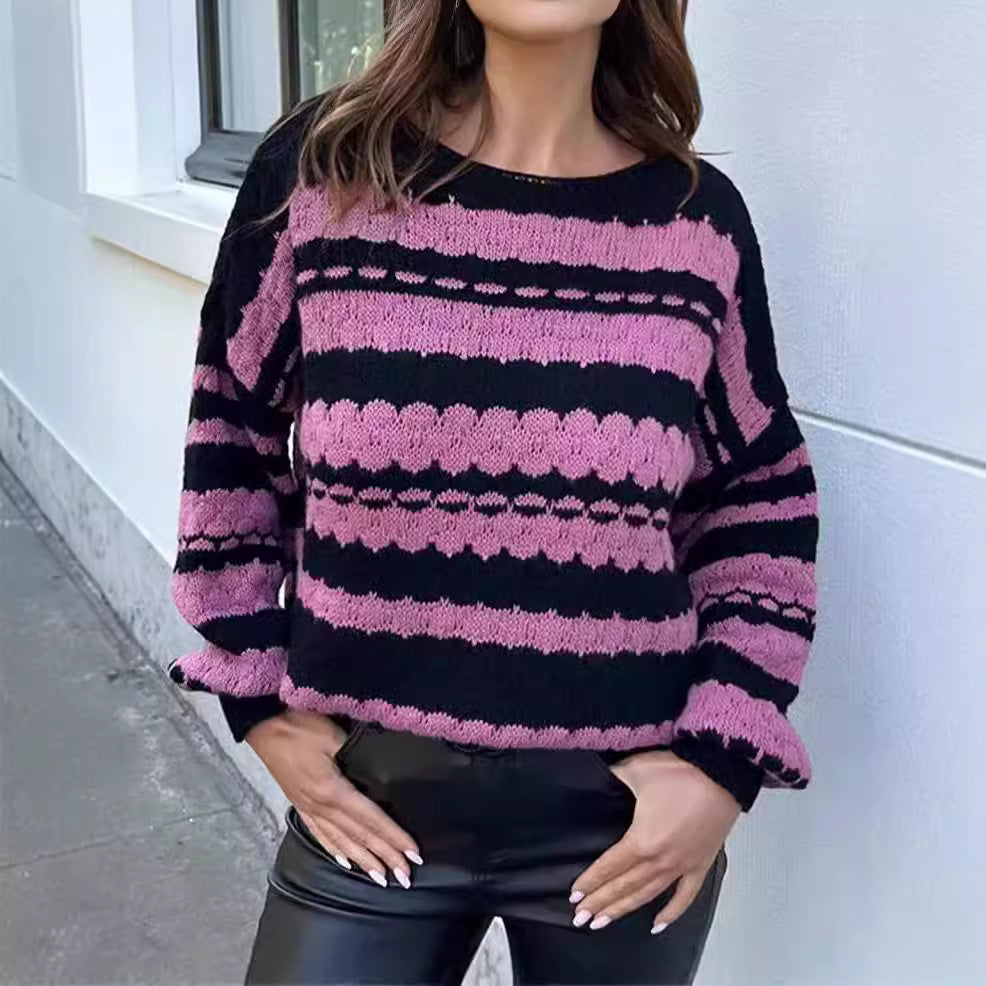 Women's Cozy Knit Sweater with Cable Knit Pattern and Graphic Accents