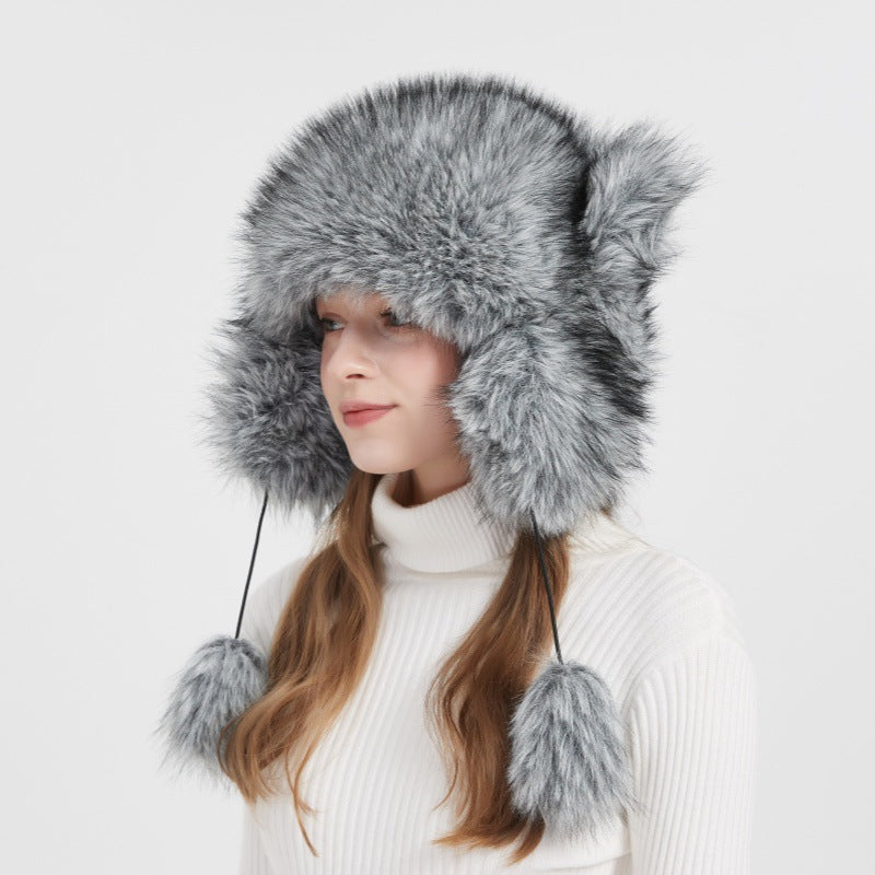 Cozy Faux Fur Hat with Ear Flaps and Pom-Poms