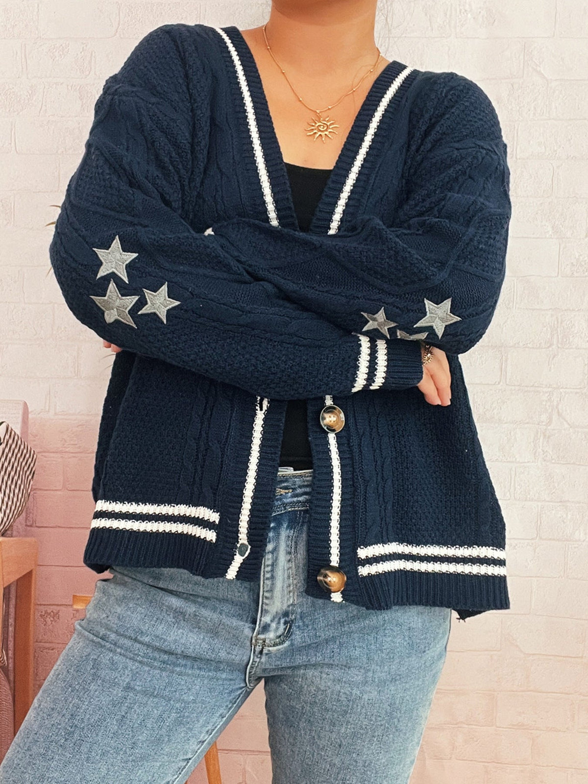 Women's Cozy Cardigan with Star Appliqués and Modern Details