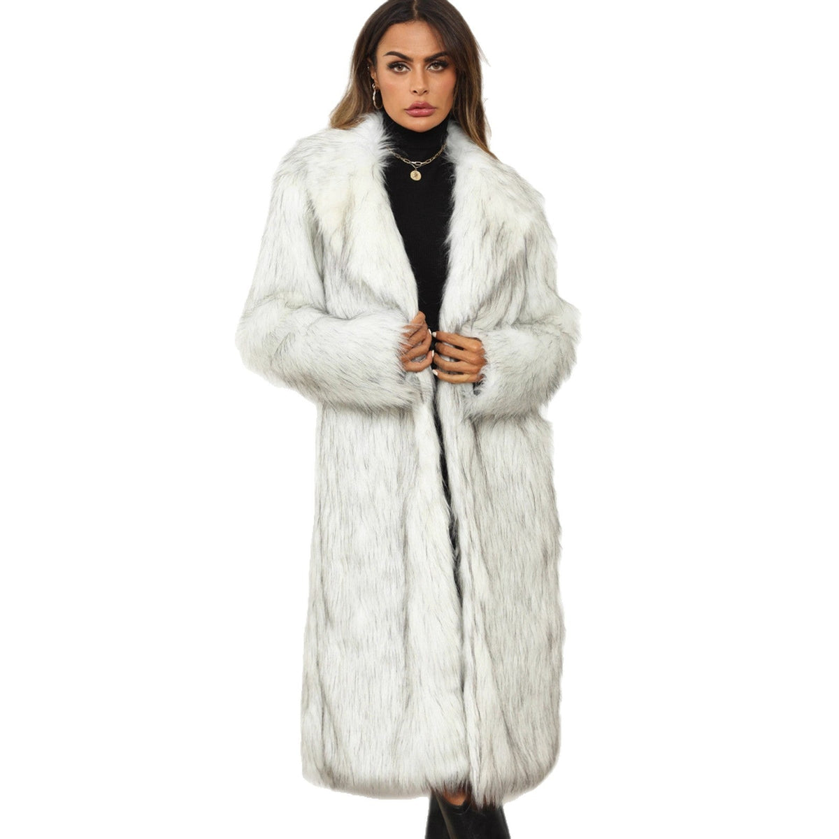 Women's Elegant Faux Fur Coat with Soft Fur Trim and Open Collar