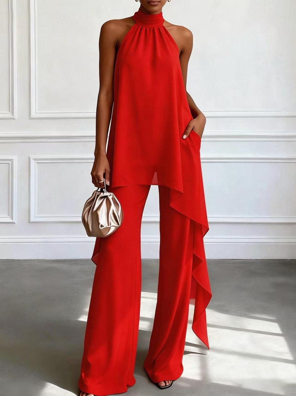 Evening Two-Piece Set with Gathered Mock Neck and Wide-Leg Trousers