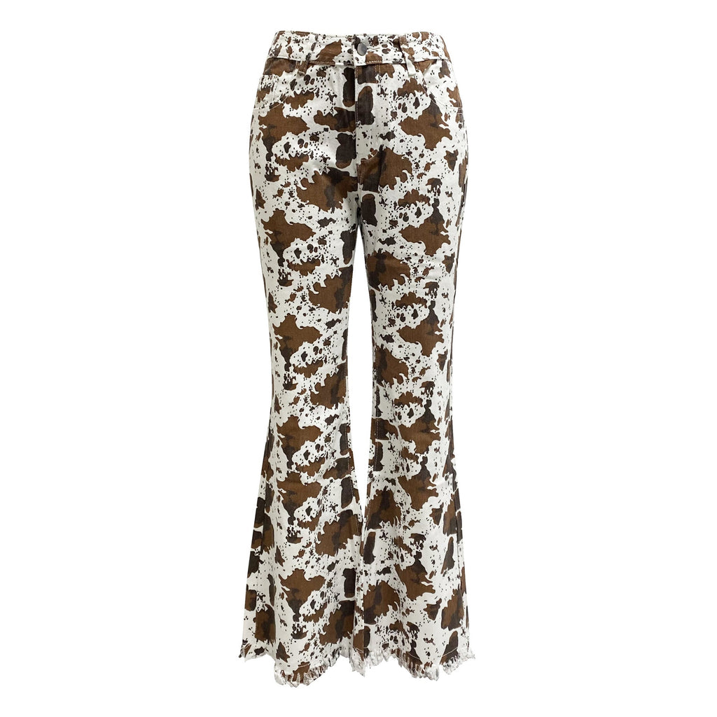 Women's Flared Jeans with Cow Print