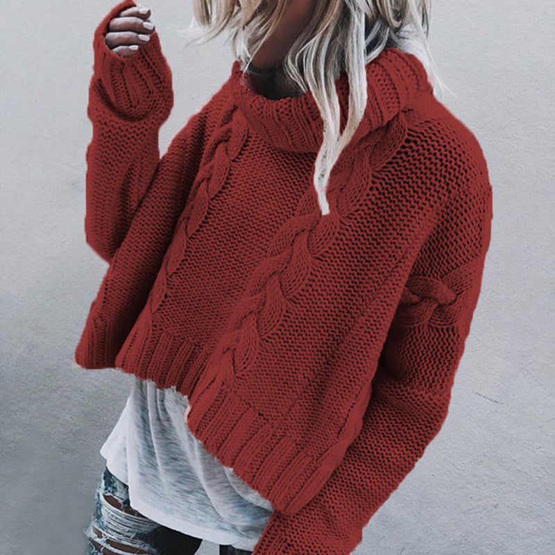 Women's Chunky Knit Sweater with Decorative Cable Pattern and High Collar