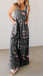Women's Casual Denim Jumpsuit with Floral Print and Wide Legs