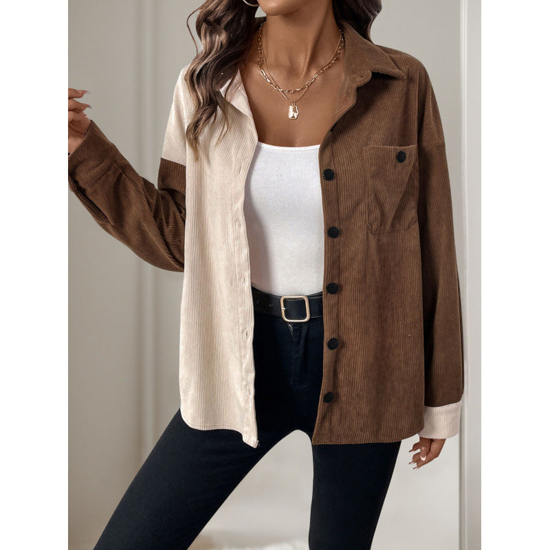 Women's Corduroy Blouse with Color-Block Design