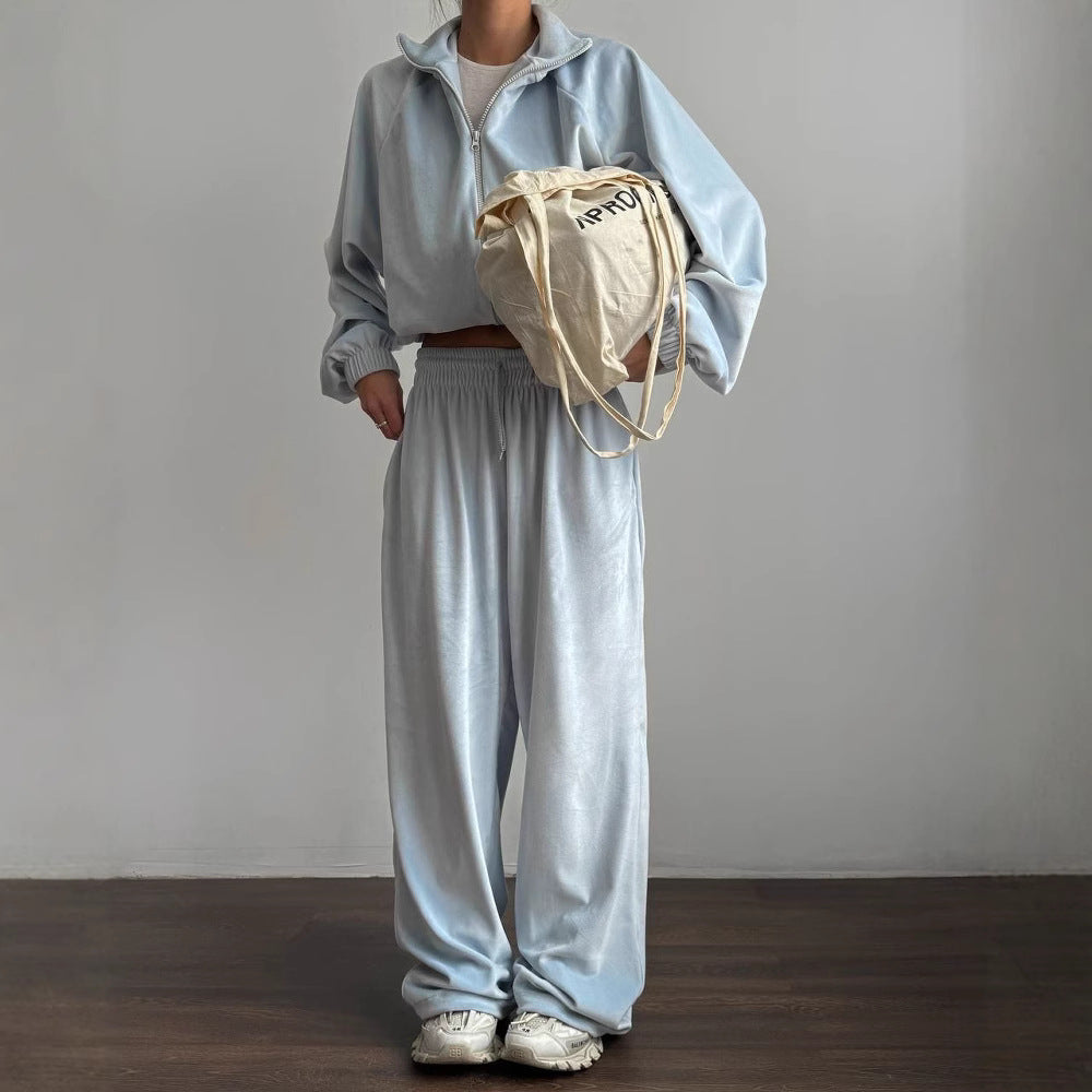 Women's Casual Lounge Two-Piece Set with Oversized Zip Jacket and Wide Leg Pants