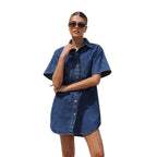Women's Denim Shirt Dress with Short Sleeves and Pockets