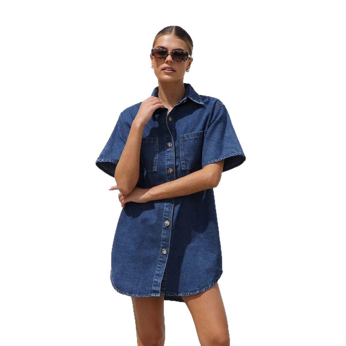 Women's Denim Shirt Dress with Short Sleeves and Pockets