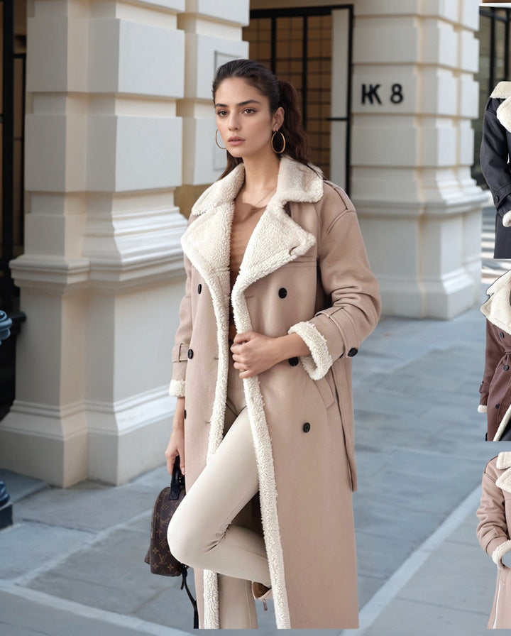 Women's Elegant Transitional Coat with Teddy Lining and Double-Breasted Placket
