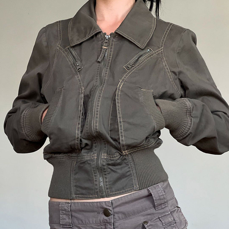 Women's Cropped Jacket with Zipper and Pockets