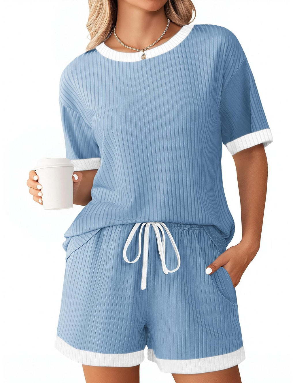 Women's Comfortable Leisure Set with Ribbed Texture and Elastic Waistband