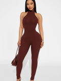 Women's Form-Fitting High-Neck Ribbed Jumpsuit