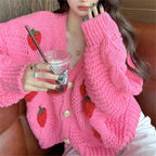 Women's Chunky Knit Cardigan with Floral Embroidery and Sparkling Buttons