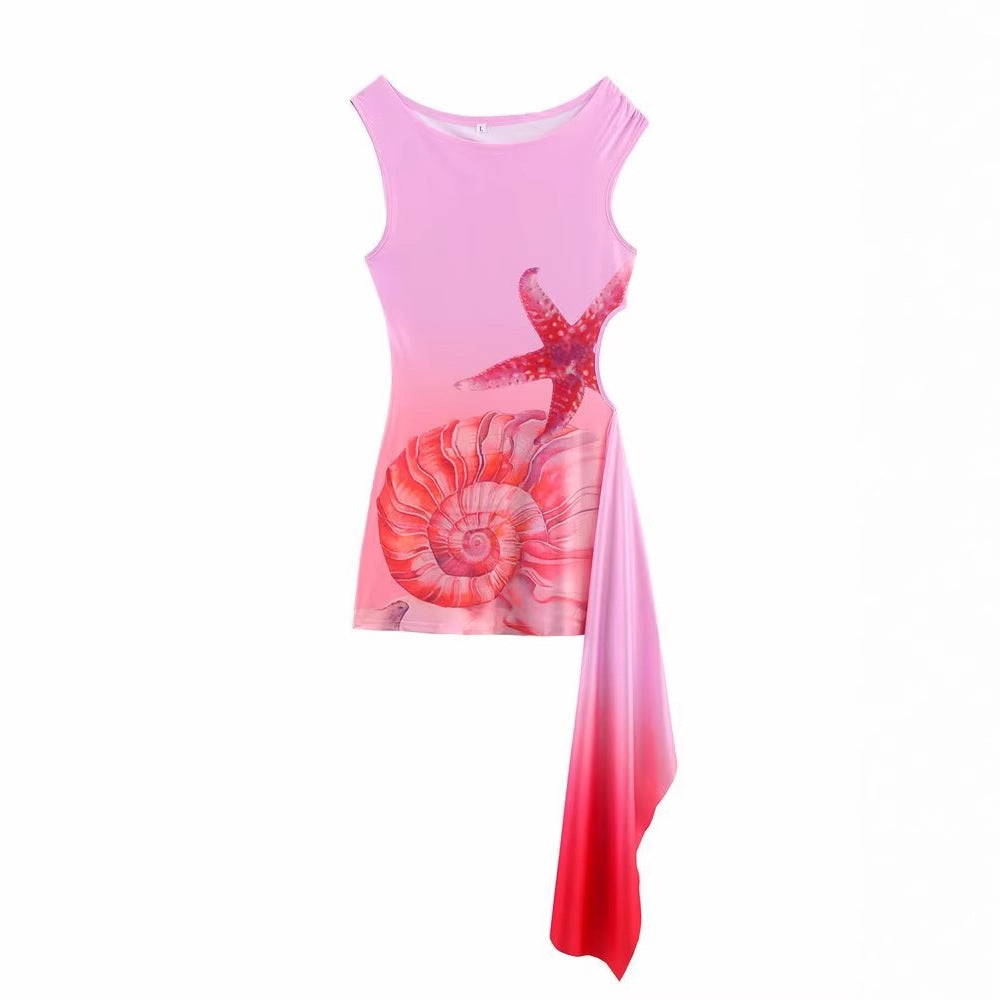 Women's Sleeveless Beach Dress with Maritime Motifs and Asymmetric Hem