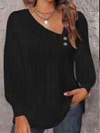 Women's Casual Blouse with Asymmetric Collar and Decorative Buttons