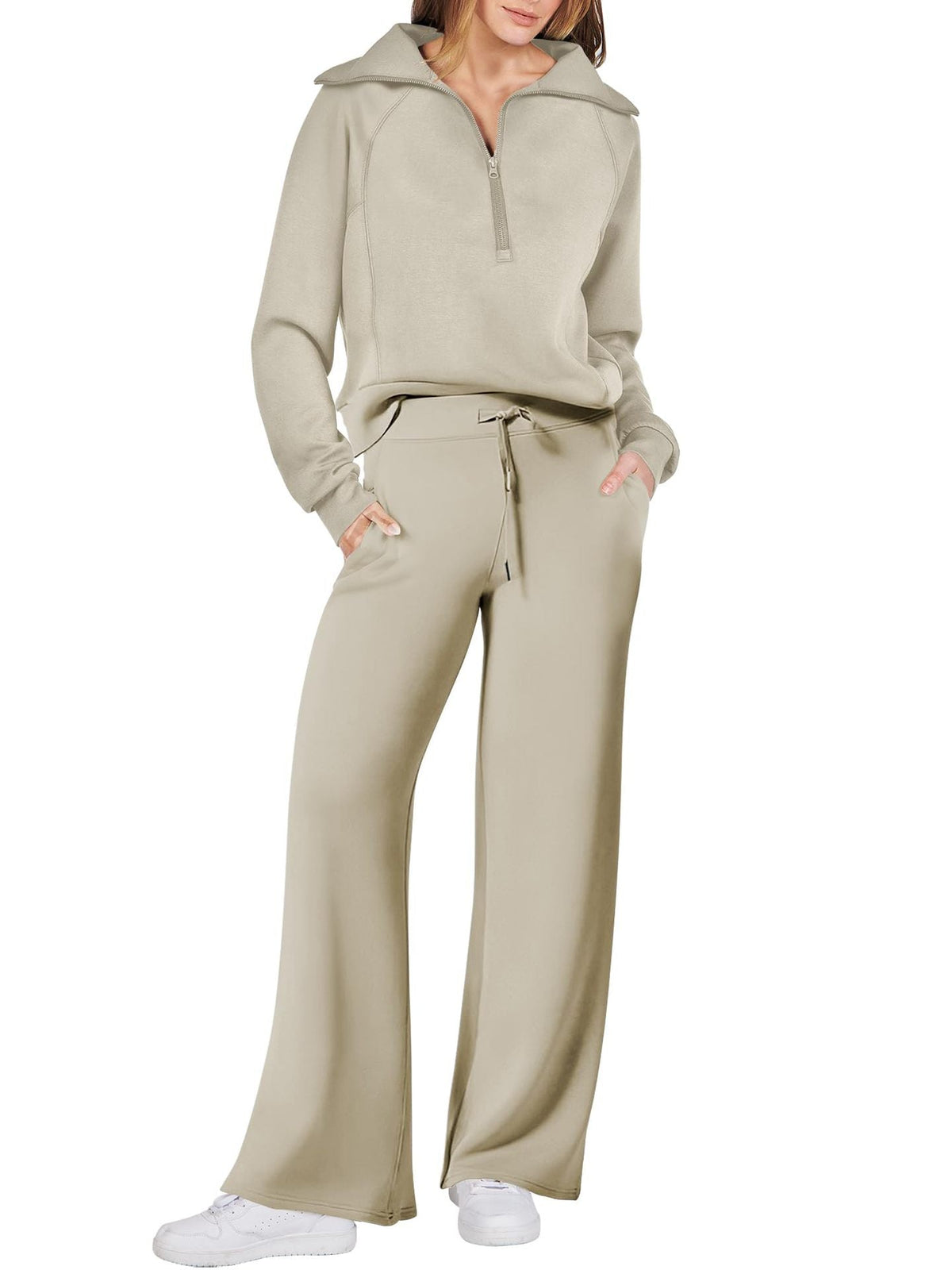 Women's Casual Two-Piece Set with Zipper and Pockets