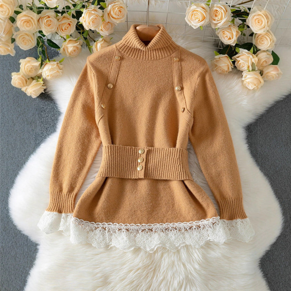 Elegant High-Neck Knit Sweater with Decorative Buttons