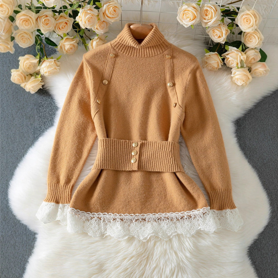 Elegant High-Neck Knit Sweater with Decorative Buttons