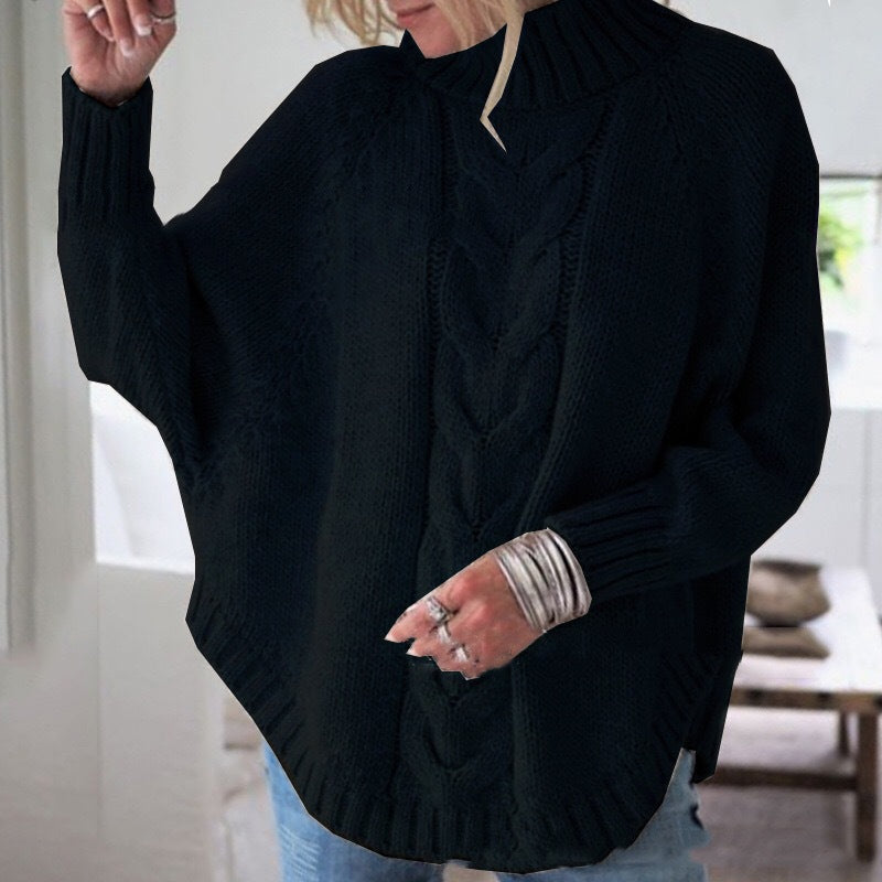 Women's Chunky Knit Sweater with Mock Neck and Cable Pattern
