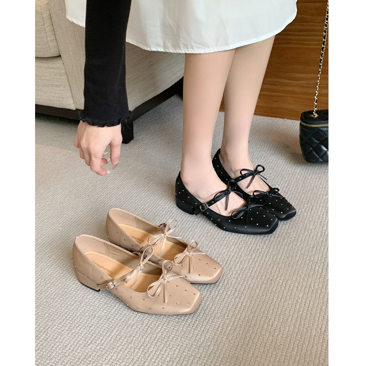 Women's Ballet Flats with Decorative Bows and Rhinestone Details