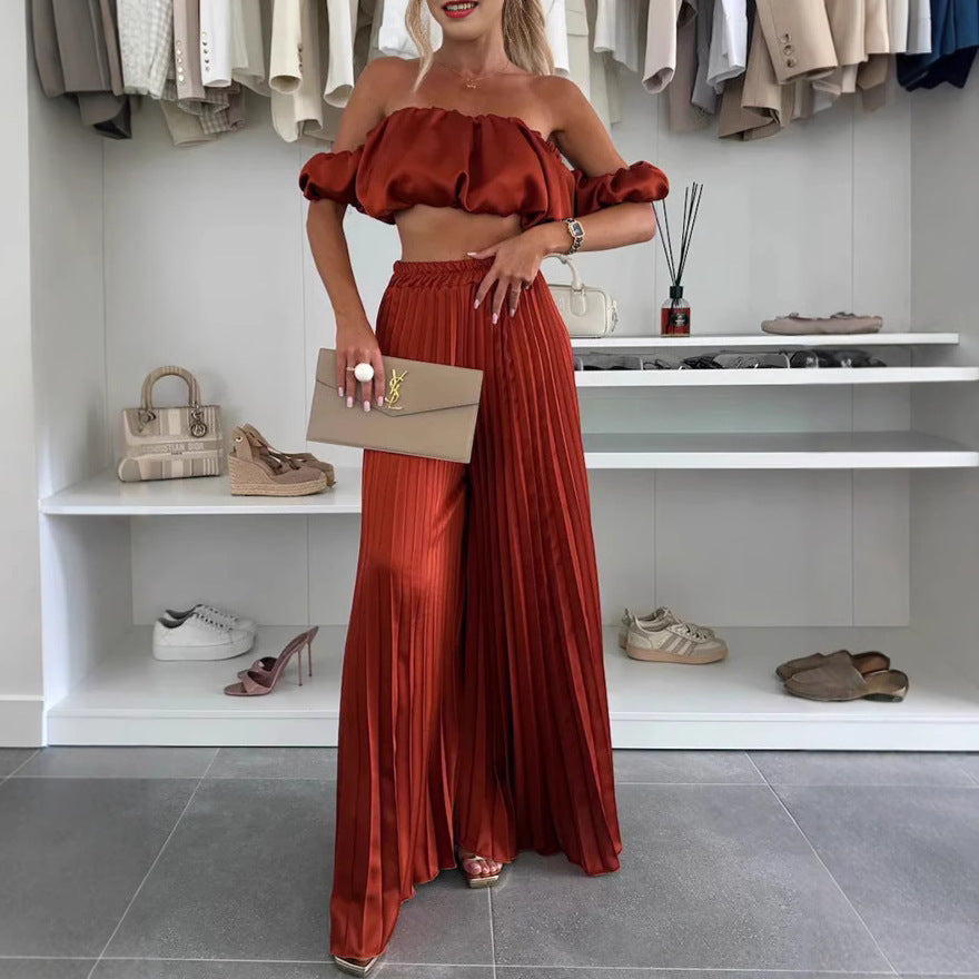 Women's Elegant Set with Flowy Top and Pleated Trousers