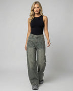 Women's High-Waisted Wide-Leg Cargo Pants with Front Pockets and Elastic Hem