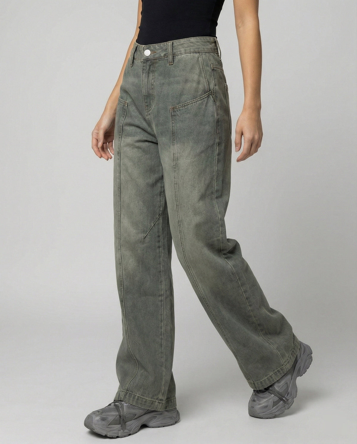 Women's High-Waisted Wide-Leg Cargo Pants with Front Pockets and Elastic Hem