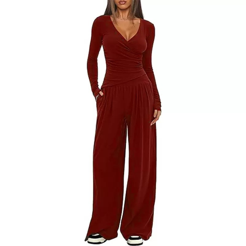 Women's Elegant Wrap Jumpsuit with Wide Leg and Fashionable Details