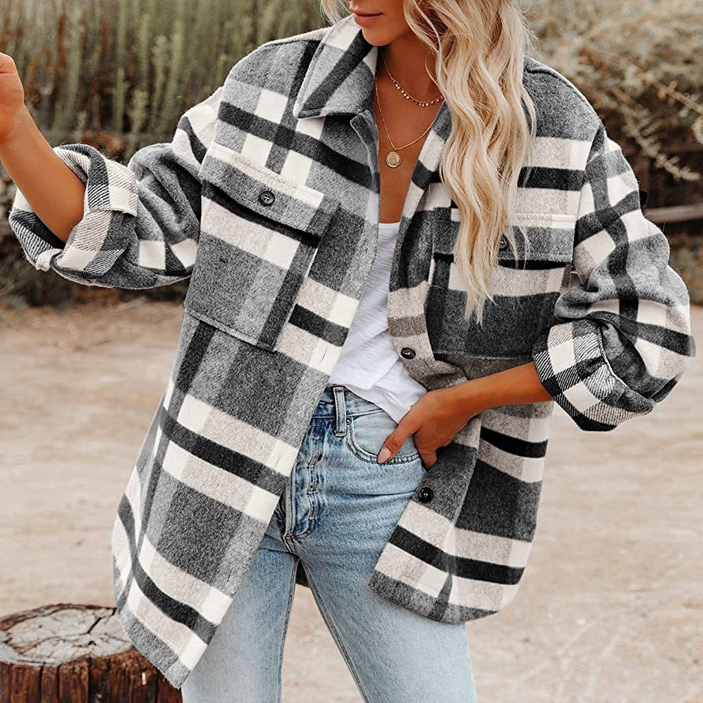 Women's Plaid Wool-Blend Coat with Practical Pockets