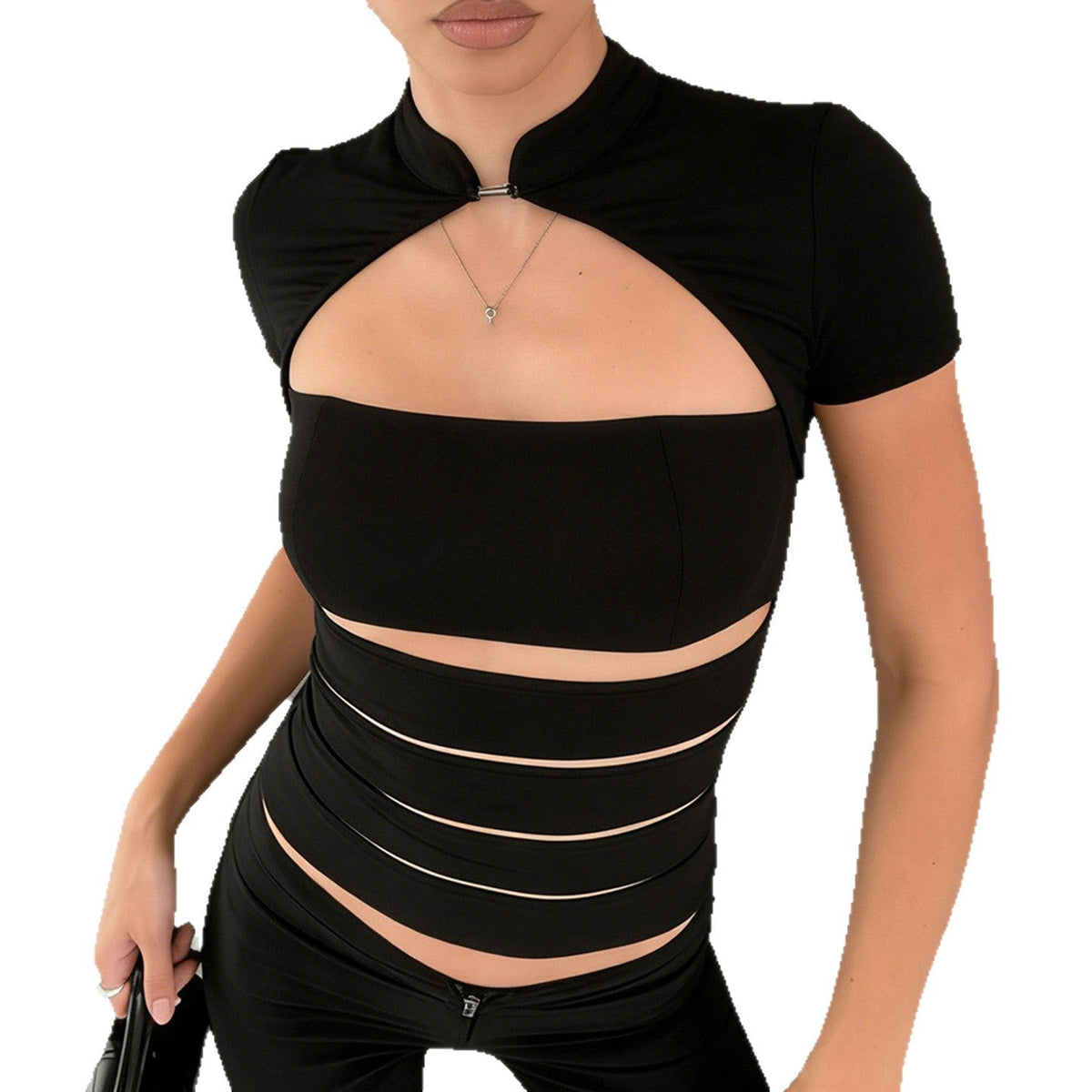 Women's Cropped Blouse Shirt in Durable Stretch Material with Elegant Stand-Up Collar