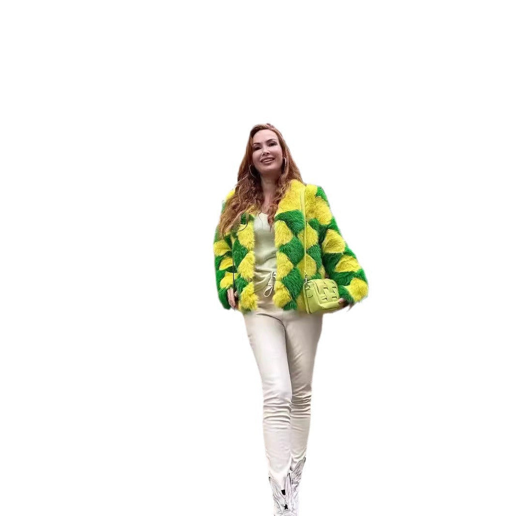 Women's Bold Faux Fur Jacket with Plaid Pattern and Cropped Cut