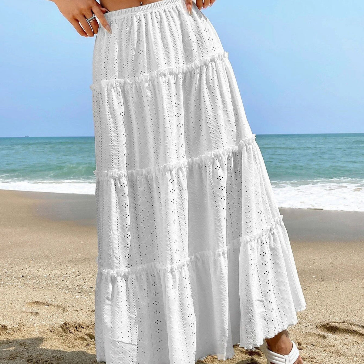 Women's Maxi Skirt with Eyelet Pattern and Voluminous Ruffles