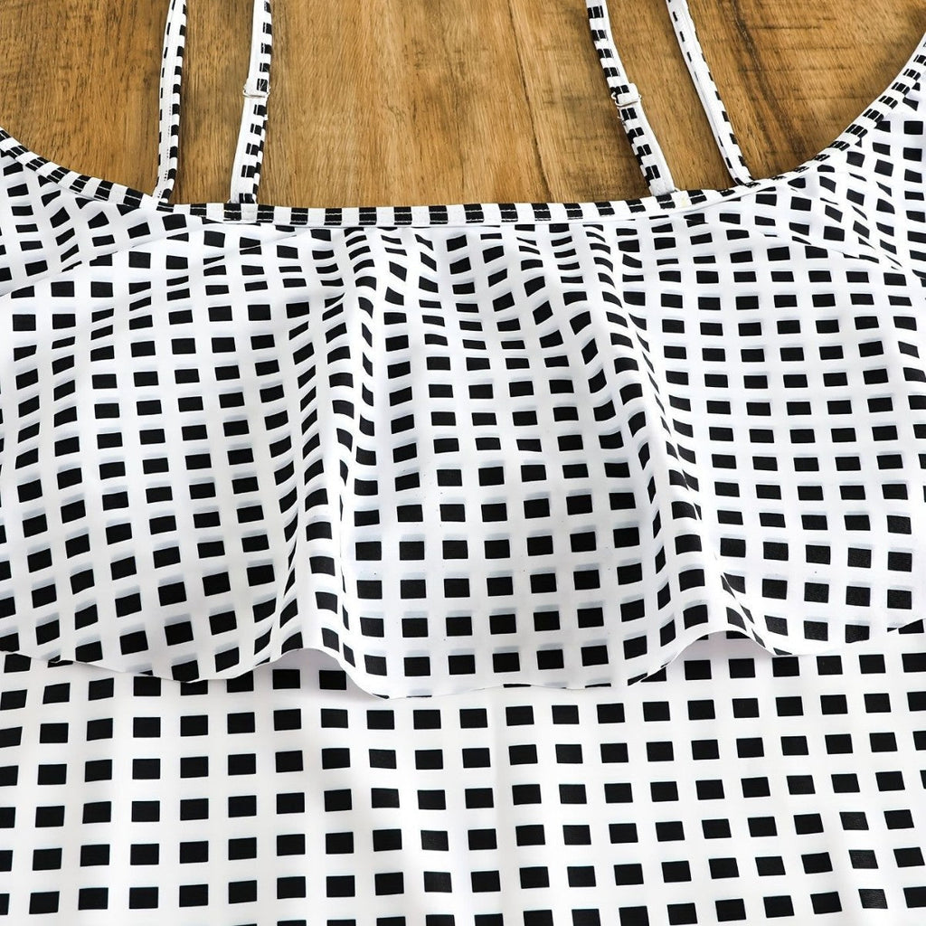 Women's Swimsuit Set with Ruffles and Plaid Pattern