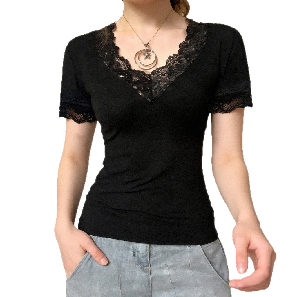 Women's Elegant Lace V-Neck Short-Sleeve T-Shirt