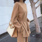 Women's Cozy Knit Ensemble with Waist Belt and High Collar
