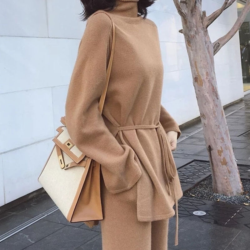 Women's Cozy Knit Ensemble with Waist Belt and High Collar