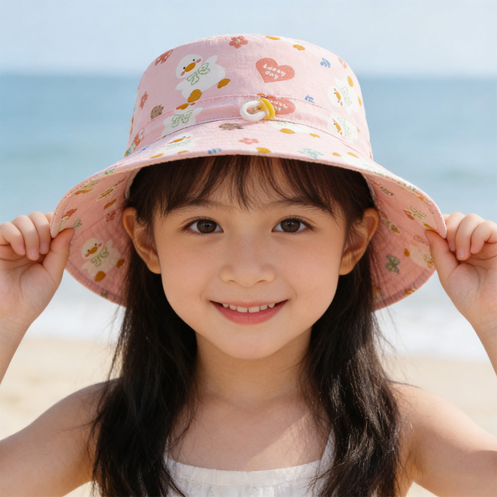 Unisex Kids' Wide Brim Sun Hat with Chin Strap and Unicorn Print