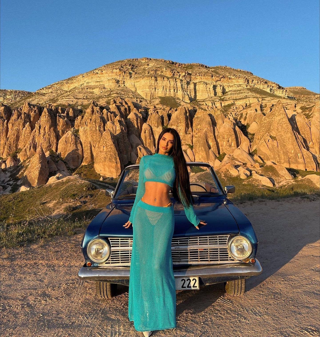 Women's Knitted Two-Piece Crop Top and Maxi Skirt Set