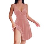 Women's Elegant Velvet A-Line Dress with Deep V-Neck and Side Slit
