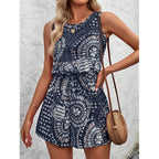 Women's Romper with Creative Print and Elastic Waistband