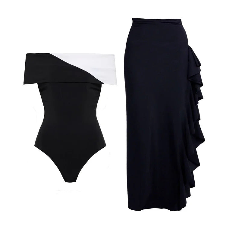 Women's Off-Shoulder Swimsuit with Ruffle Maxi Skirt