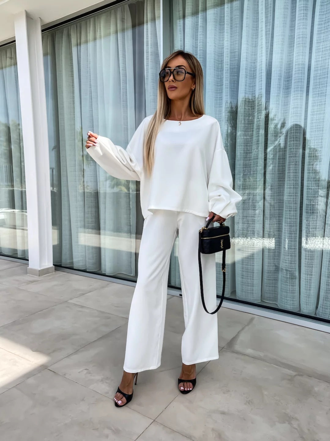 Women's Elegant Two-Piece Set with Oversized Blouse and Wide Pants